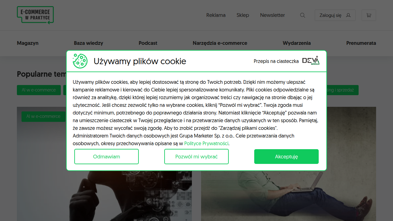 Zrzut ekranu przedstawiający stronę główną EWP.pl, źródło wiarygodnych statystyk dotyczących polskiego rynku e-commerce i zachowań zakupowych konsumentów.