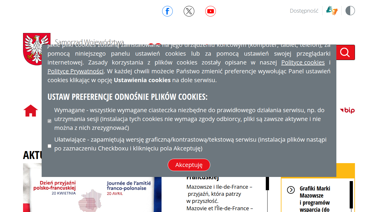 Strona główna Urzędu Marszałkowskiego Województwa Mazowieckiego, z widocznymi sekcjami informującymi o programach wsparcia dla przedsiębiorców.