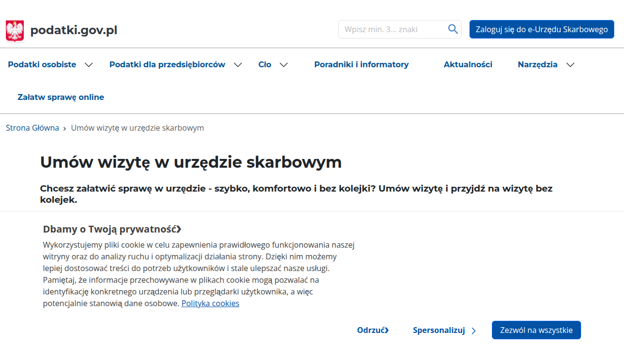 Interfejs platformy Podatki.gov.pl umożliwiający umówienie wizyty w wybranym urzędzie skarbowym, usprawniający kontakt z administracją.