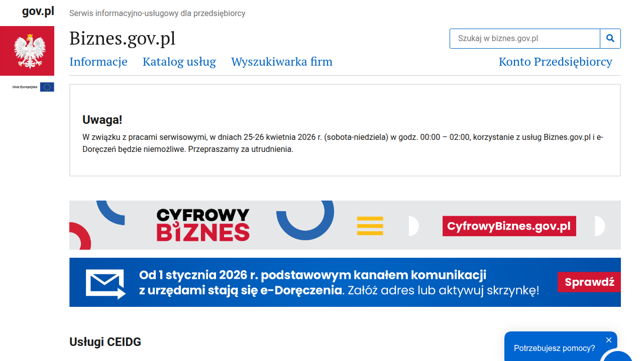 Strona główna Biznes.gov.pl, oficjalnego portalu dla przedsiębiorców, gdzie można zarejestrować firmę w Centralnej Ewidencji i Informacji o Działalności Gospodarczej (CEIDG).