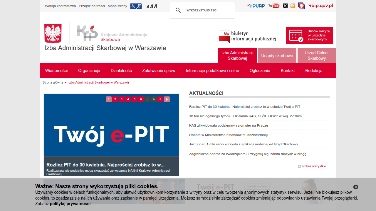 Strona internetowa Krajowej Administracji Skarbowej dla województwa mazowieckiego, punkt wejścia do e-Urzędu Skarbowego.