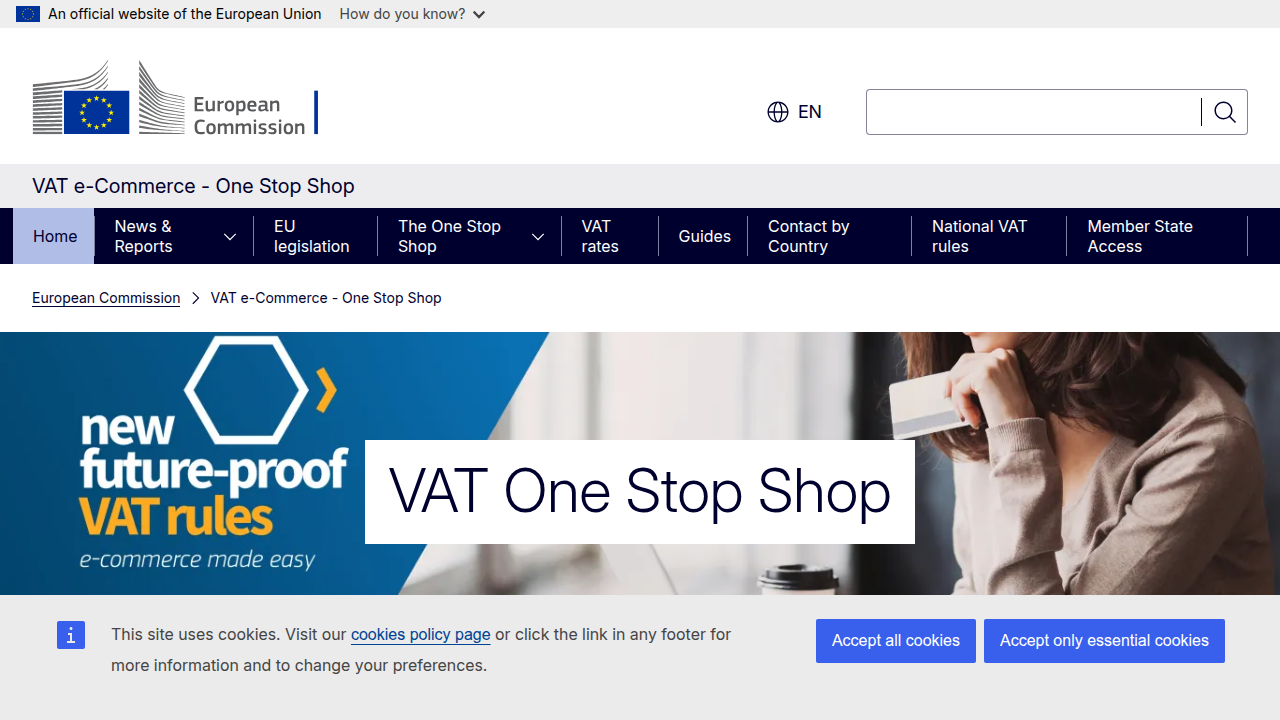 Strona internetowa Komisji Europejskiej dotycząca systemu VAT One Stop Shop (OSS), ułatwiająca rozliczanie VAT dla sprzedaży transgranicznej.