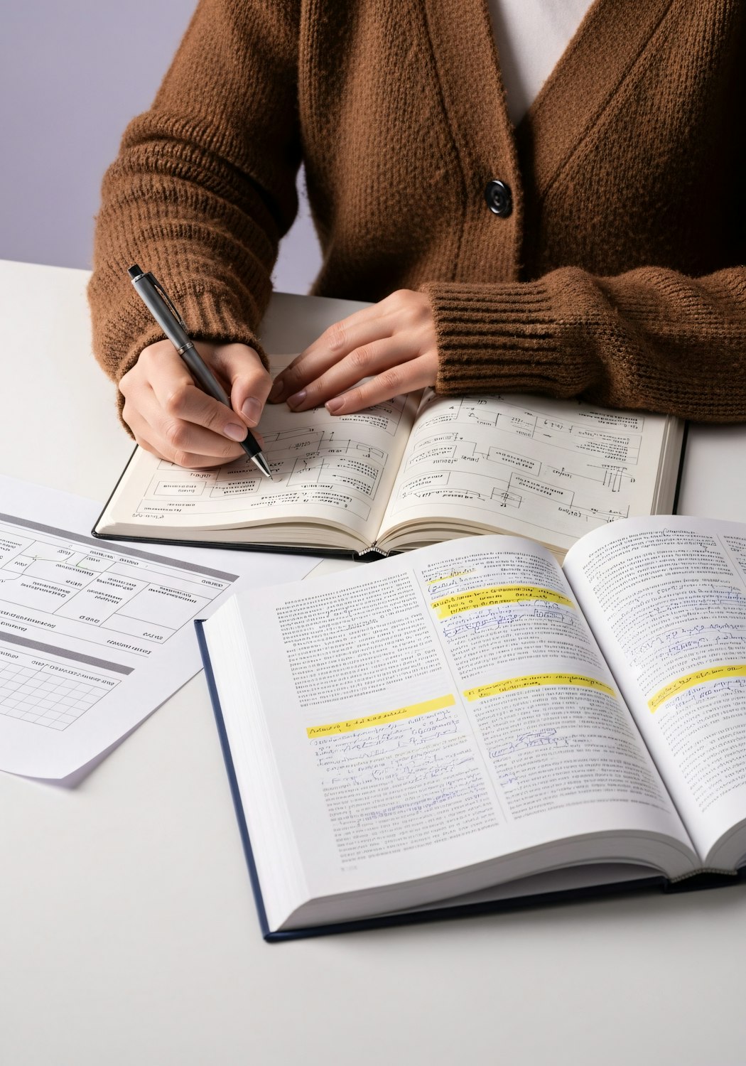 Młody student w skupieniu uczy się do egzaminu, otoczony notatkami i podręcznikami, co ilustruje intensywny okres przygotowań.