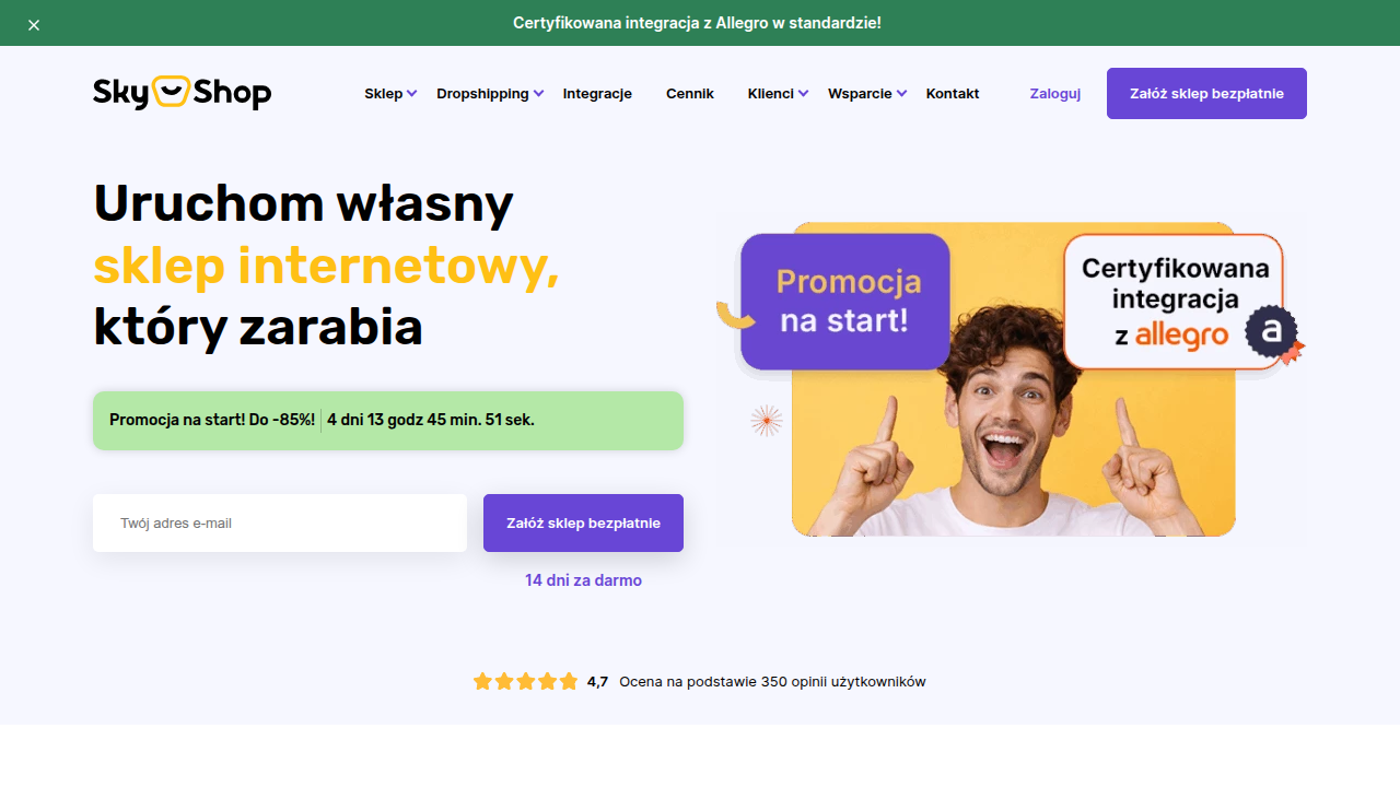 Strona główna platformy Sky-Shop.pl, prezentująca ofertę polskiego rozwiązania e-commerce, idealnego do rozpoczęcia działalności w dropshippingu.