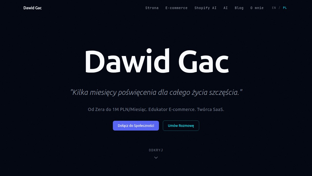Strona internetowa Dawida Gaca, gdzie można znaleźć więcej materiałów i zasobów dotyczących prowadzenia biznesu online bez rejestracji i rozliczeń podatkowych.