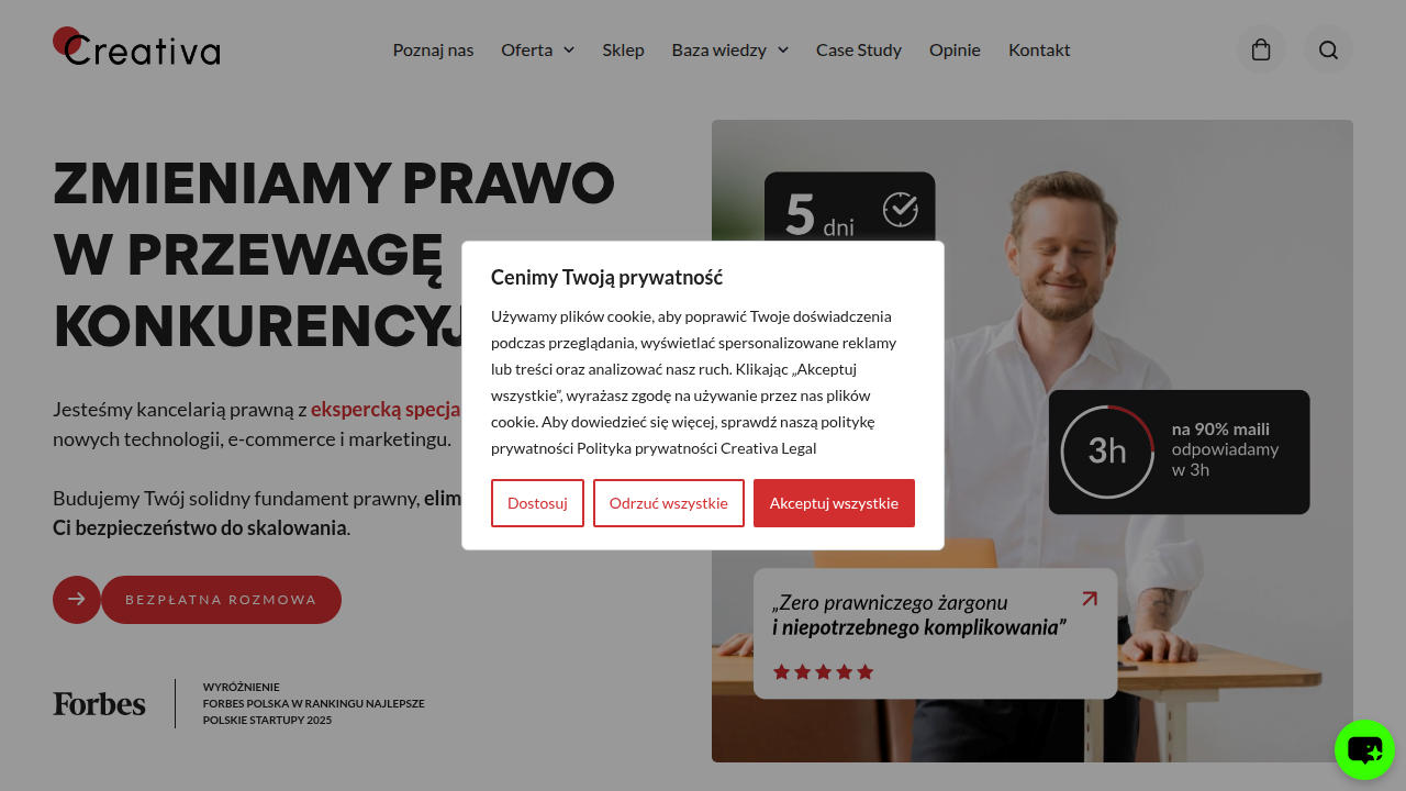 Strona główna Creativa Legal, oferującej wsparcie prawne dla firm e-commerce.