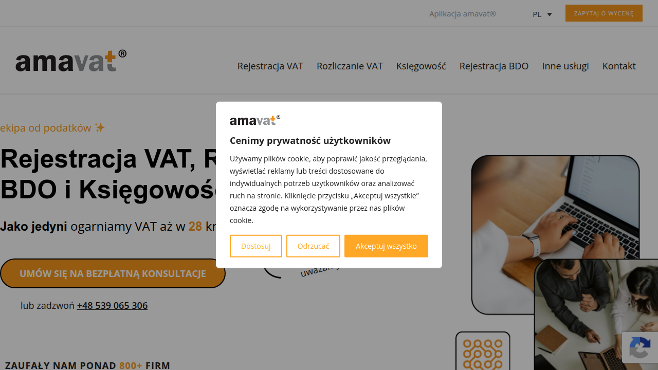 Strona główna Amavat.pl, firmy specjalizującej się w usługach VAT dla e-commerce.