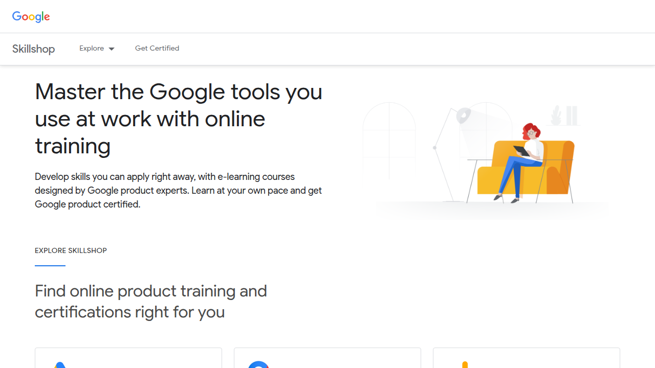 Strona Google Skillshop, oficjalnego centrum certyfikacji Google, oferującego szkolenia i egzaminy.