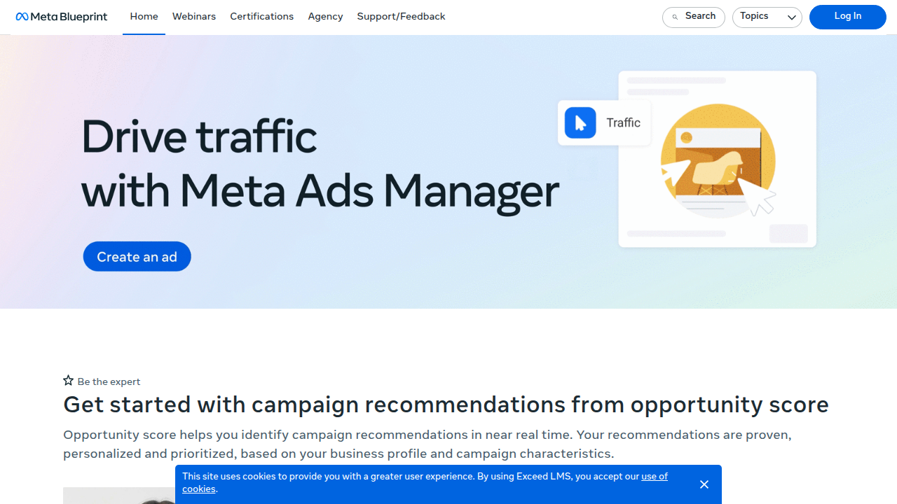 Strona Meta Blueprint, oferująca kursy i certyfikaty z zakresu marketingu i reklamy na platformach Meta.