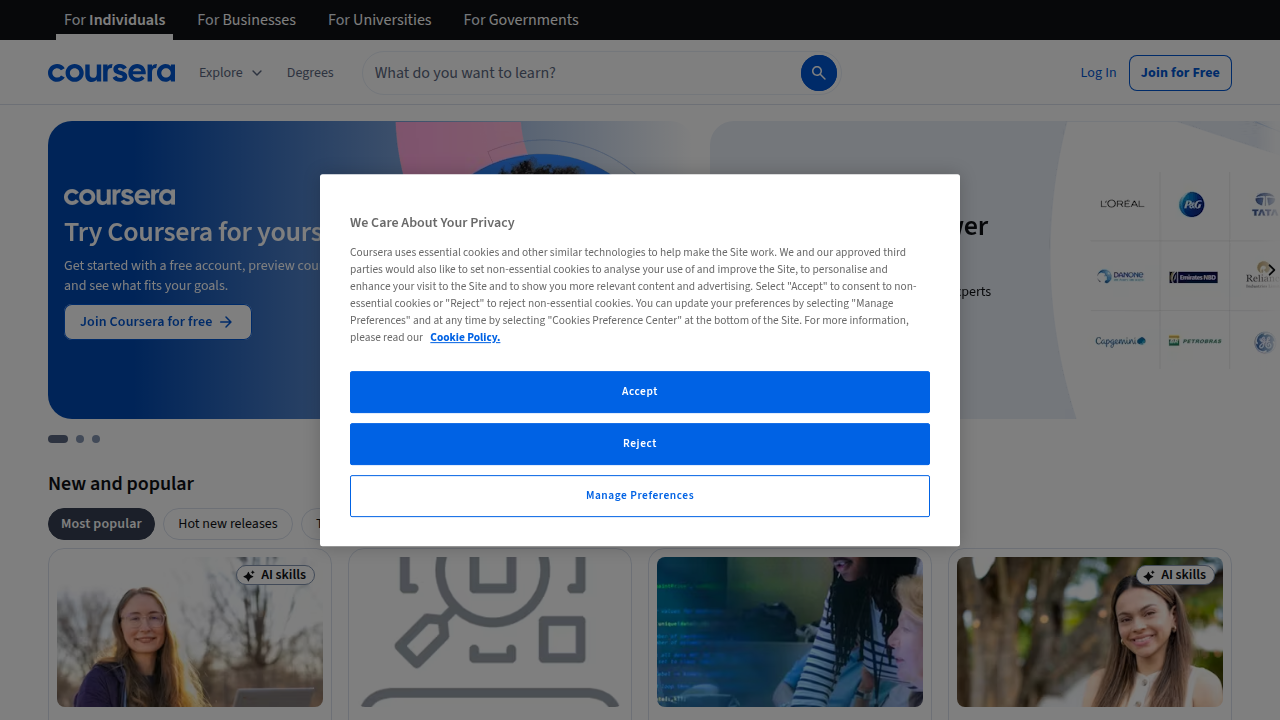 Strona główna Coursera, jednej z największych globalnych platform edukacyjnych z kursami uniwersyteckimi.