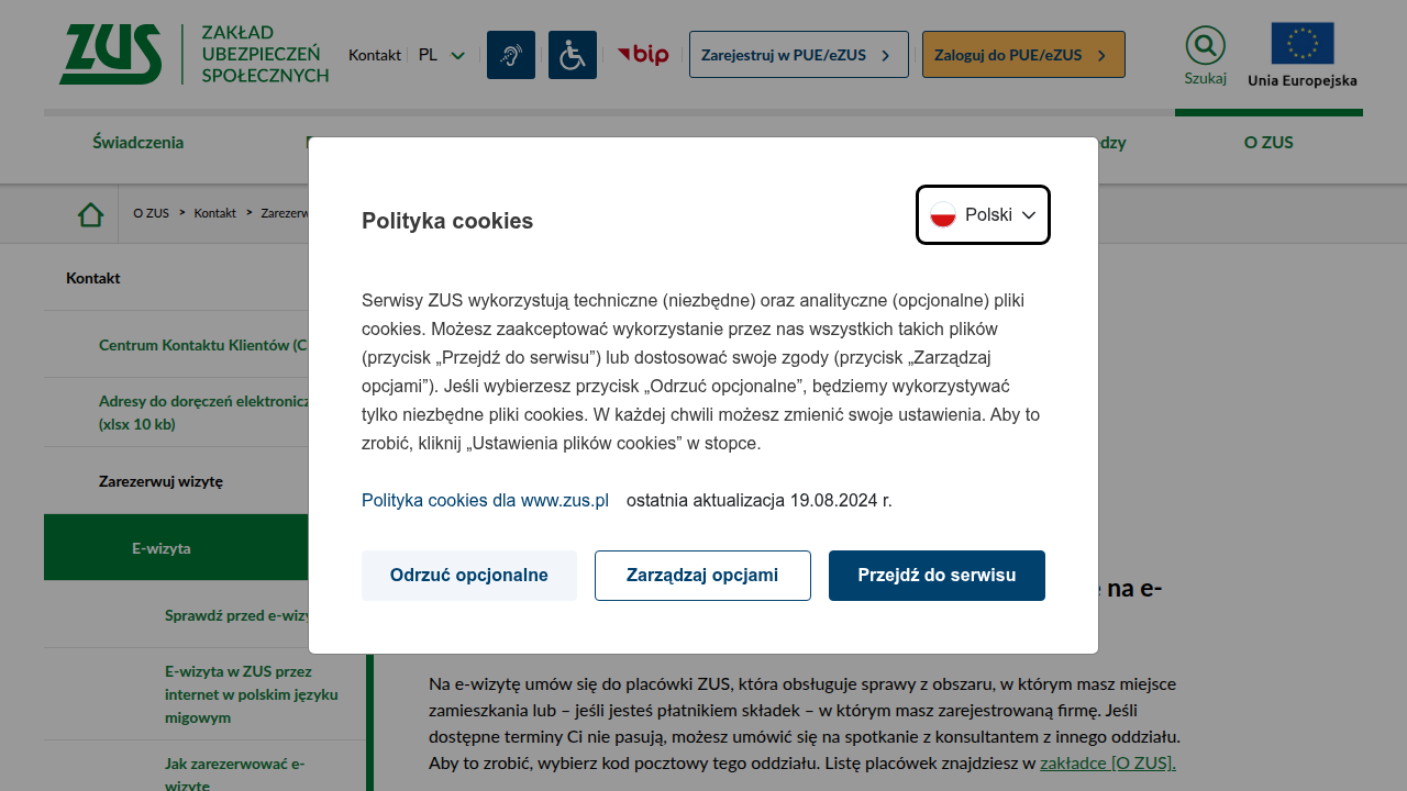 Oficjalna strona ZUS prezentująca usługę e-wizyty, gdzie przedsiębiorcy mogą rezerwować wideorozmowy z konsultantem.
