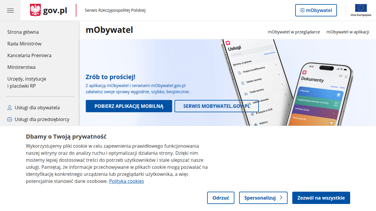 Główna strona aplikacji mObywatel, która umożliwia dostęp do cyfrowych usług rządowych, w tym rezerwacji e-wizyty w ZUS.