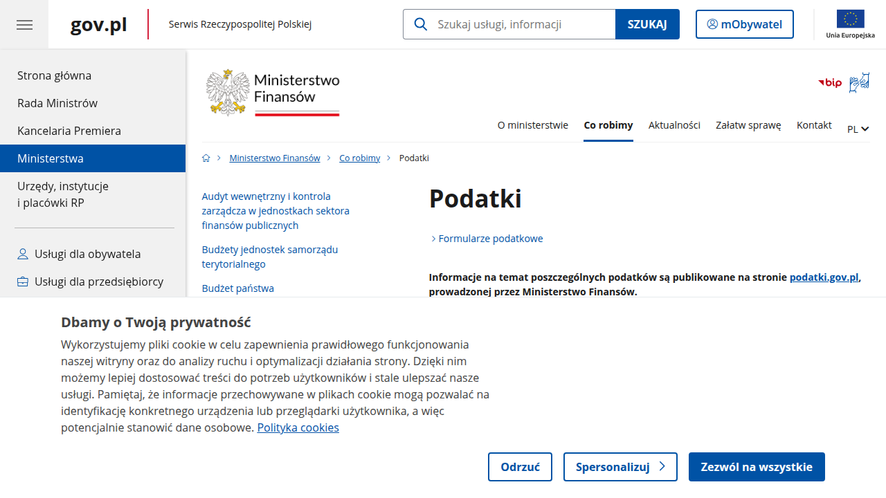 Strona Ministerstwa Finansów, zawierająca oficjalne informacje i wykazy dotyczące podatków w Polsce.