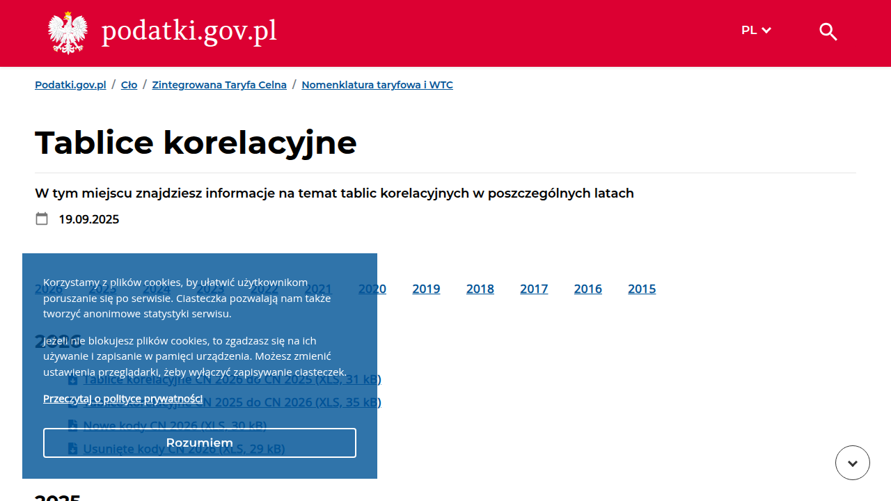Oficjalne tablice korelacyjne Nomenklatury Scalonej na stronie Ministerstwa Finansów, niezbędne do weryfikacji kodów CN.