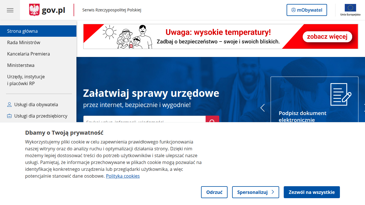 Strona główna portalu Gov.pl, oficjalnego serwisu rządowego, oferującego dostęp do informacji i usług publicznych w Polsce.
